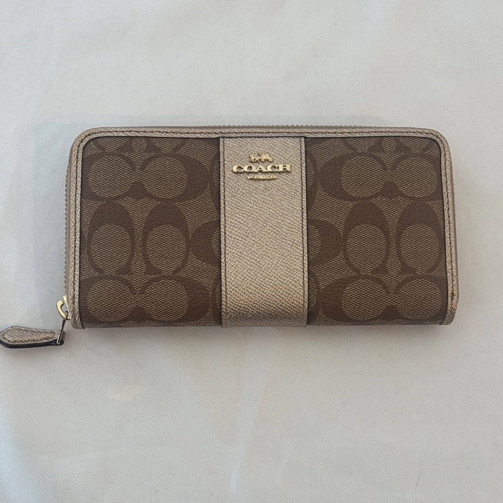 Coach Signature Brown and Gold Zip Wallet